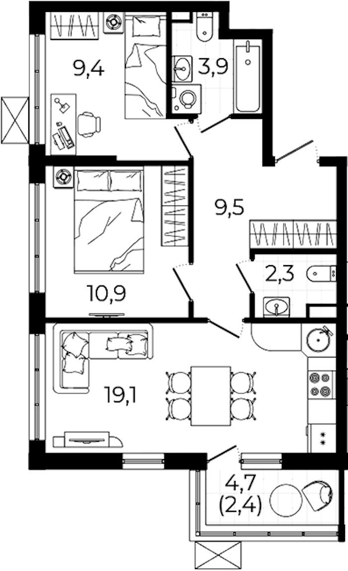 2-комнатная квартира 57.5 м², 4/12 эт., ЖК «А101 Всеволожск»